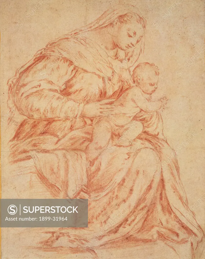 Enthroned Madonna and Child, by Da Ponte Jacopo know as Bassano, 1573, 16th Century, black and red chalk on paper. Italy, Private collection. Whole artwork. The Virgin Mary Madonna mother dress: garment veil mantle: cape drapery son Infant Jesus: Christ Child: Baby Jesus new-born baby: new-born child swaddling clothes: swaddling bands.