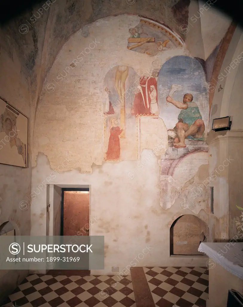 Frescoes in the old sacristy, by Da Ponte Jacopo know as Bassano, 1537 - 1539, 16th Century, fresco. Italy, Veneto, Cittadella, Padua, Cathedral. Front view of the frescoed wall to the right of the altar.