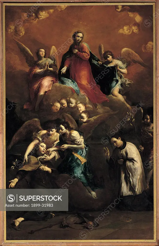 The Ecstasy of St Stanislaus Kostka, by Crespi Giuseppe Maria know as Spagnuolo (or Spagnolo), 1728 - 1729, 18th Century, oil on canvas. Italy, Emilia Romagna, Ferrara, The Gesu church. Whole artwork. Ecstasy of St Stanislaus Kostka angels little angels young woman Virgin vision.
