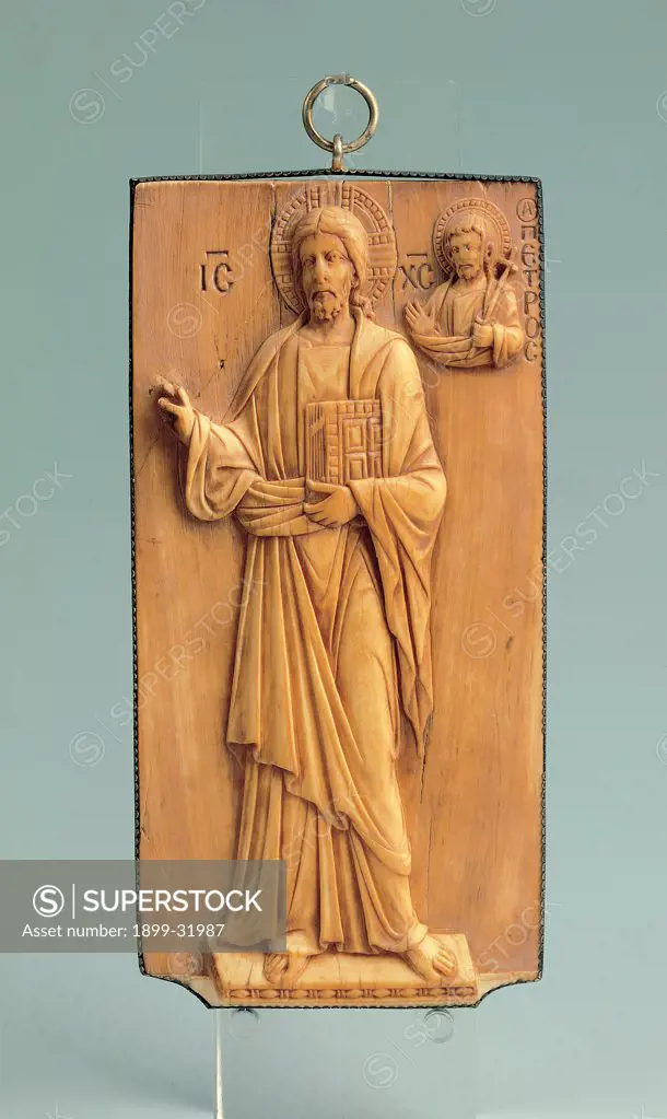 Jesus Blessing, by Byzantine Work, 15th - 16th Century, ivory. Italy, Piemonte, Turin, Sabauda Gallery. Whole artwork. Small plate ivory Jesus Christ blessing.