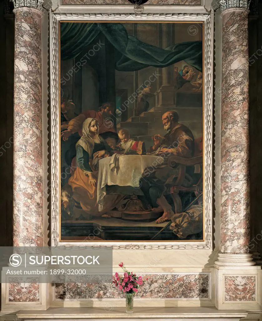 The Holy Family Supper, by Abbiati Filippo, 17th Century, oil on canvas. Italy, Lombardy, Paderno Franciacorta, Brescia, parish church. Whole artwork. Supper Holy Family table Virgin Mary Joseph Jesus Christ Child stairway cloth columns armchair episode in the background bed halos: aureoles.