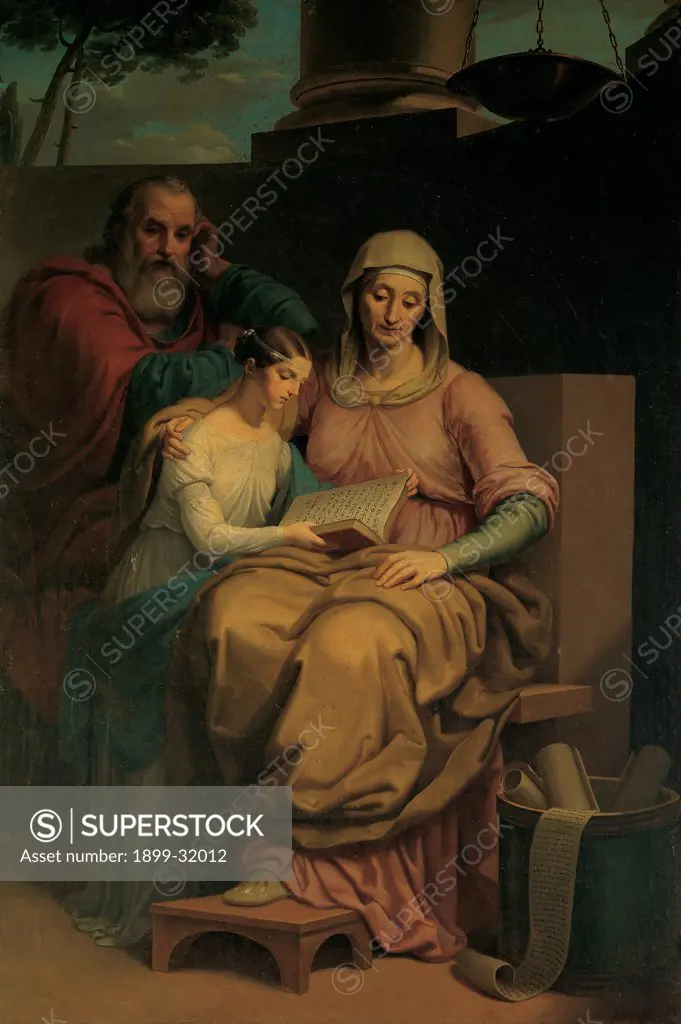 The Holy Virgin Mary with St Anne and St Joachim, by Ayres Pietro, 1840, 19th Century, oil on canvas. Italy, Piemonte, Moretta, Cuneo, Beata Vergine del Pilone Sanctuary. Whole artwork. Madonna Virgin Mary St Anne St Joachim drapery: draping veil holy book footrest high-backed chair brazier column tree light shadow.