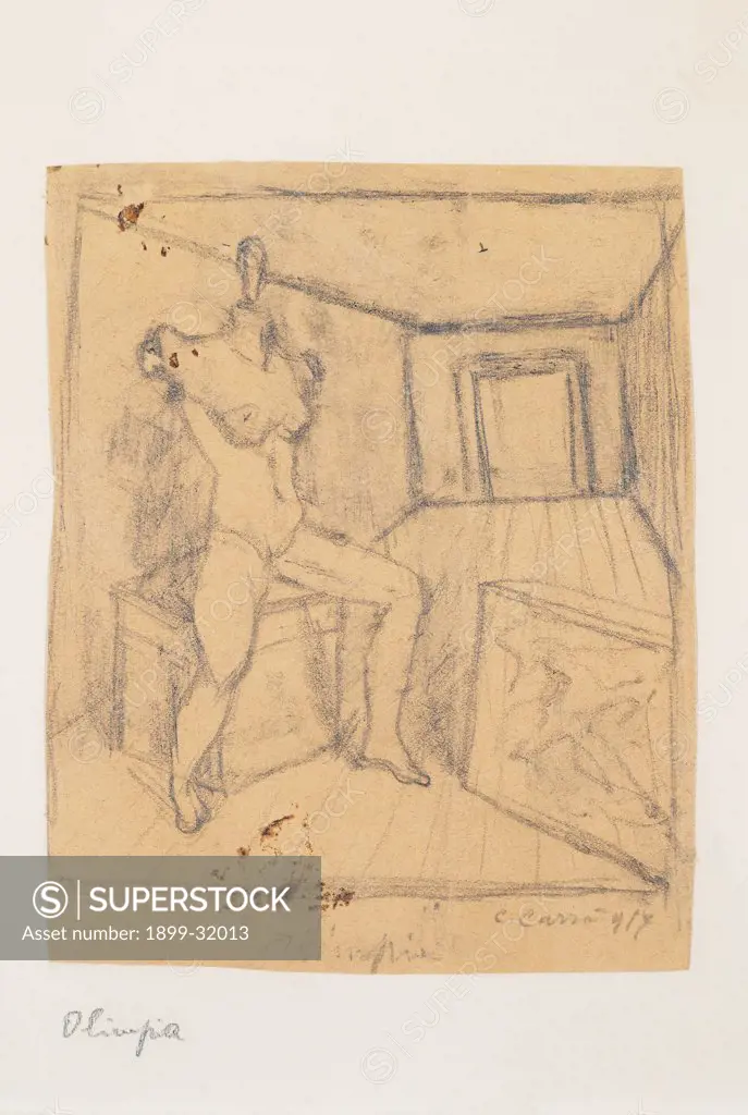 Olimpia, by Carra Carlo, 1917, 20th Century, pencil on paper. Italy, Lombardy, Milan, Private collection. Whole artwork. Female body headless mutilated cube room.