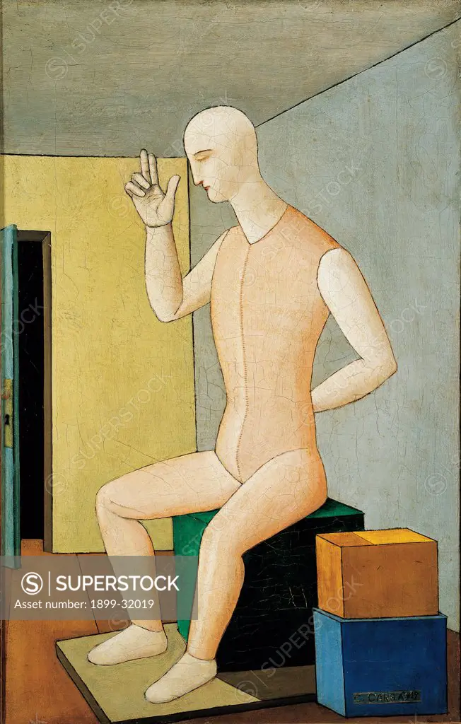 Hermaphroditic Idol, by Carra Carlo, 1917, 20th Century, oil on canvas. Italy, Lombardy, Milan, private collection. Whole artwork. Figure man mannequin sitting cube room wall door yellow blue green.