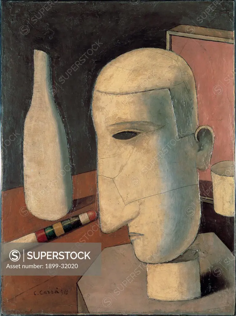Drunken Gentleman, by Carra Carlo, 1916, 20th Century, oil on canvas. Italy, Lombardy, Milan, private collection. Whole artwork. Mask male face bottle brown gray shapes.