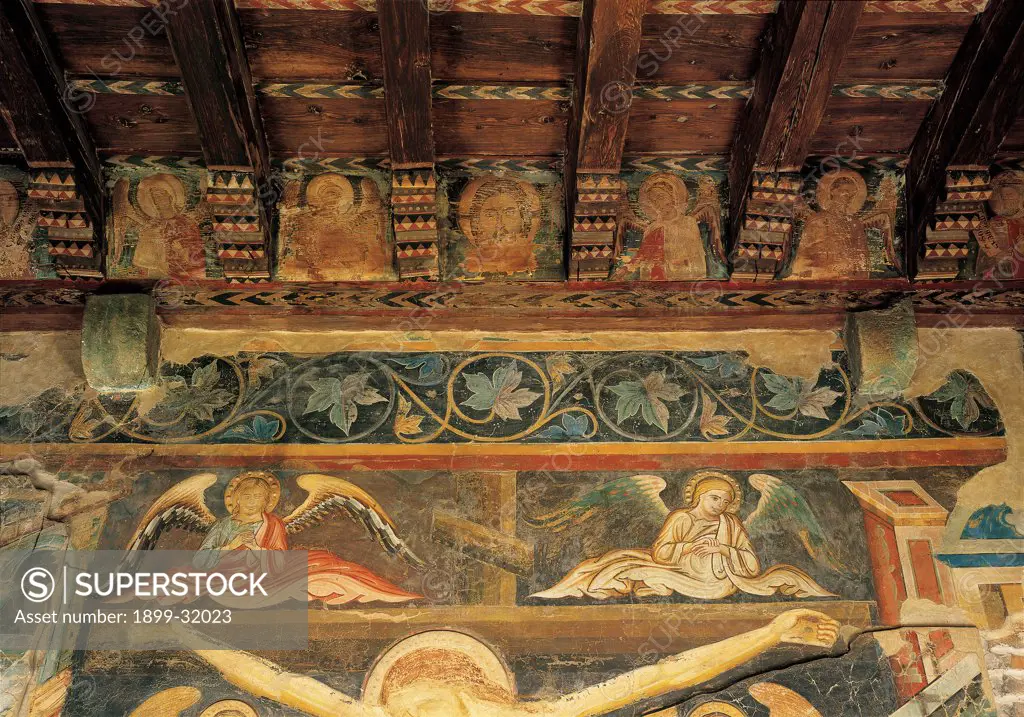 Busts of Saints and Angels with Christ in the Center, by Artista trevigiano, 1304, 14th Century, tempera on panels. Italy, Veneto, Treviso, San Nicolo church. Detail. Frescoed wall painted coffered ceiling beams busts of saints angels.
