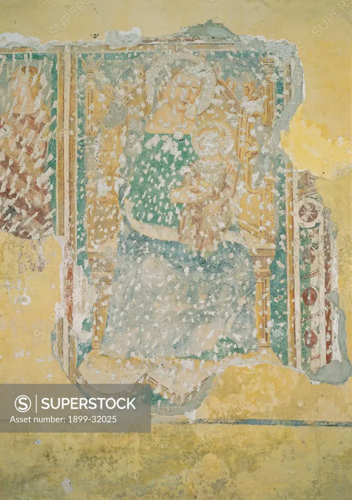 Madonna and Child, by Tomaso-style painter, 1360 - 1370, 14th Century, fresco. Italy, Veneto, Sorriva, Belluno, San Giorgio church. Whole artwork. Fragmentary fresco Madonna and Child Jesus.