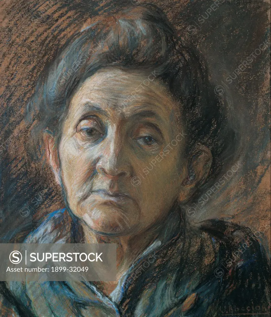 Portrait of an Old Woman, by Boccioni Umberto, 1908 - 1909, 20th Century, pastel on paper. Italy, Lombardy, Milan, Private collection. Whole artwork. Old woman face chignon: knot: bun wrinkles.