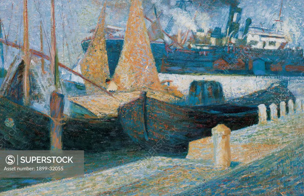 Boats in Sunlight, by Boccioni Umberto, 1907, 20th Century, oil on canvas. Private collection. Whole artwork. Mooring dock boats sails ship transatlantic.