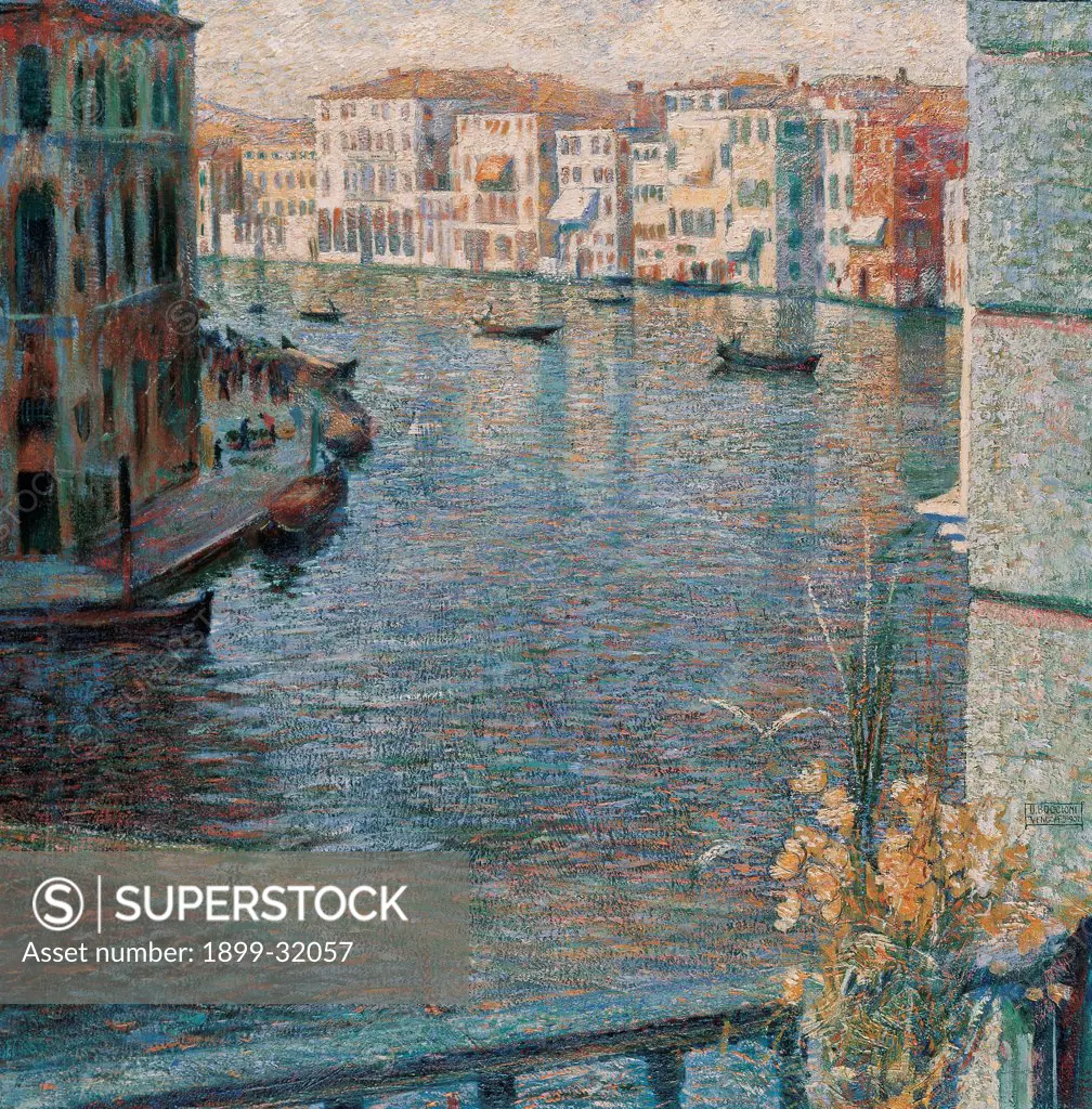 The Grand Canal in Venice, by Boccioni Umberto, 1907, 20th Century, oil on canvas. Italy, Veneto, Venice, Private collection. Whole artwork. Grand Canal Venice buildings facades boats gondolas reflections balcony flowers.