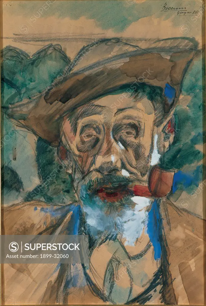 Man with a Pipe, by Boccioni Umberto, 1916, 20th Century, watercolor. Italy, Lombardy, Milan, Private collection. Whole artwork. Man face old beard hat pipe background bushes: shrubs.