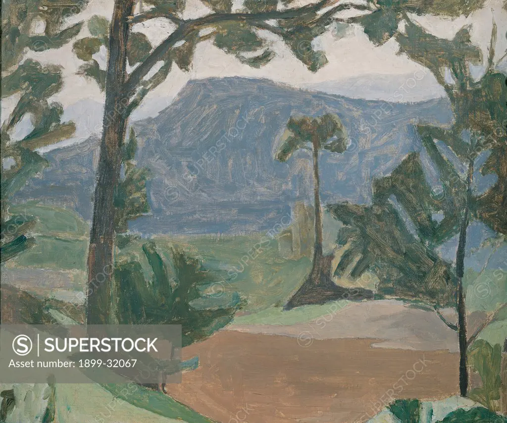 Landscape, by Morandi Giorgio, 1935, 20th Century, oil on canvas. Italy, Emilia Romagna, Bologna, Private collection. Whole artwork. Mountain landscape mountain trees green brown.