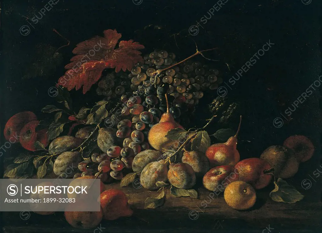 Still Life with Fruits, by Ascione Aniello, 1680 - 1708, 17th Century, oil on canvas. Italy, Campania, Naples, Capodimonte National Museum and Galleries. Whole artwork. Still life black background fruit apples pears grapes vine leaf vine.