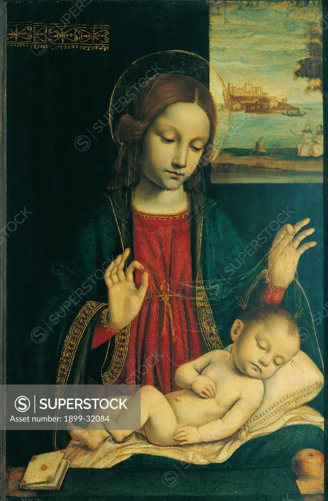 Madonna and Sleeping Child, by Ambrogio da Fossano known as Bergognone, 1512 - 1515, 16th Century, oil on panel. Italy, Lombardy, Milan, Brera Art Gallery. Whole artwork. Madonna with Child holy book red dress: robe: garment blue mantle: cloak halos: aureoles transparent veil cushion linen window landscape view small human figures ships sea-shore boats building in the distance decorat.