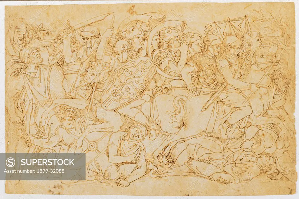 Trajan's Battle, by Aspertini Amico, 1496, 15th Century, pen and brown ink. Italy, Emilia Romagna, Bologna, National Gallery of Art, Drawings and Prints Cabinet. Whole artwork. Trajan's battle drawing soldiers horses horns helms shields armors: cuirasses swords lances: spears bugles.