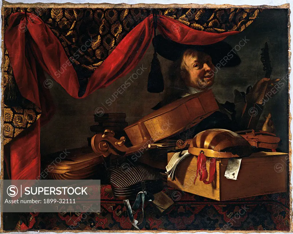 Musical Instruments with Portrait, by Adler Salomon, Baschenis Evaristo, 17th Century, oil on canvas. Italy, Lombardy, Milan, Brera Art Gallery. Whole artwork. Musical instruments with portrait lute drape: cloth cello violin hat black red yellow dark: brown shades: tones: hues.