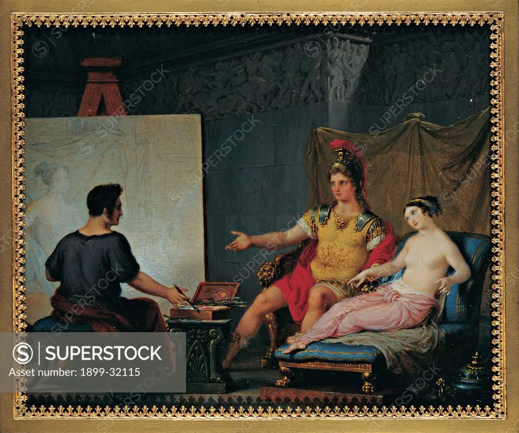 Apelles Painting Campaspe in the Presence of Alexander the Great, by Bagatti Valsecchi Pietro, 1832, 19th Century, tempera on ivory. Italy, Lombardy, Milan, Private collection. Whole artwork. Apelles painter portrait painting picture leader Alexander the Great plumed helmet armor: cuirass girl Campaspe pink red yellow black white.