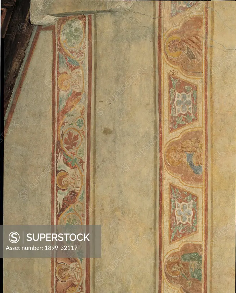 Plant Rinceau Frieze and Figures of Angels, by Venetian Artist, 14th Century, fresco. Italy, Veneto, Follina, Treviso, Santa Maria Cistercian Abbey. Detail. Right side. Frieze double order plant rinceaux leaves angels figures of saints.