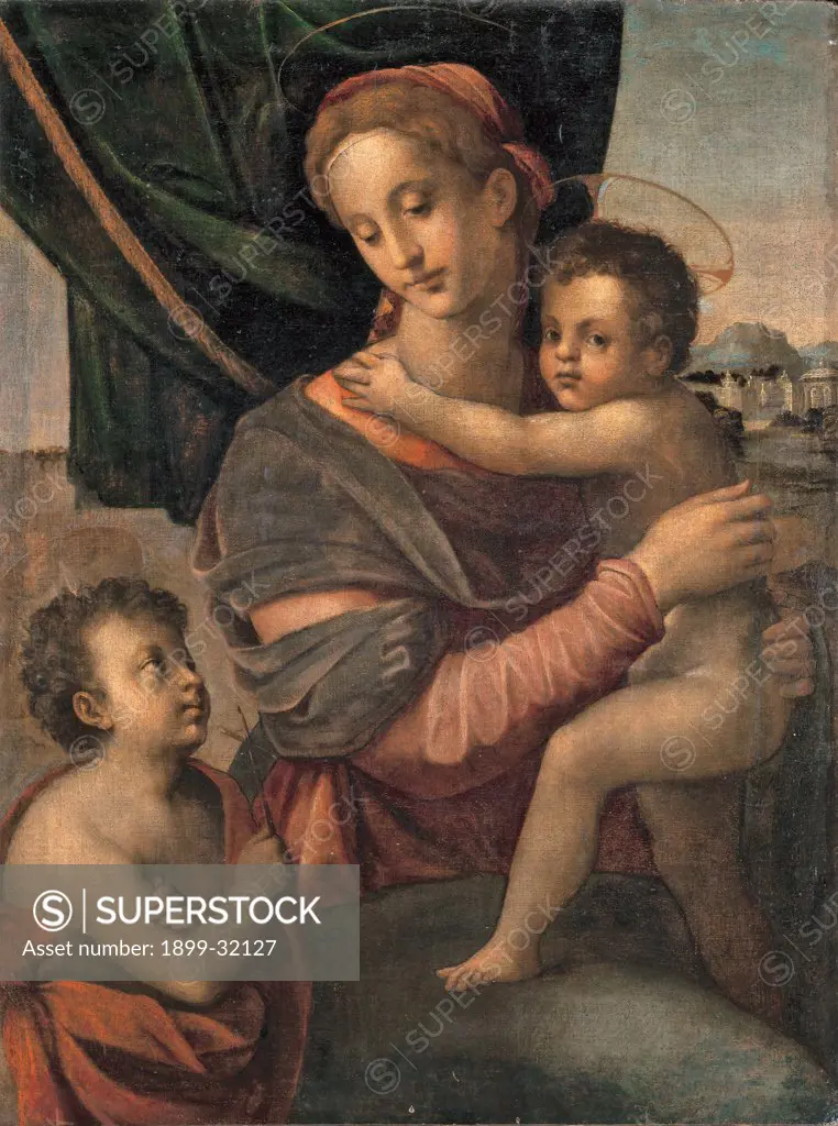 Madonna and Child with Young Saint John, by Florentine Artist, 1520, 16th Century, oil on canvas. Italy, Emilia Romagna, Rolo, Reggio Emilia, San Zenone Parish Church. Whole artwork. Virgin Mary Mother Madonna drapery halos: aureoles Infant Jesus: Christ Child: Baby Jesus: Child Jesus young boy Infant St John curtain view opening landscape background red blue green.