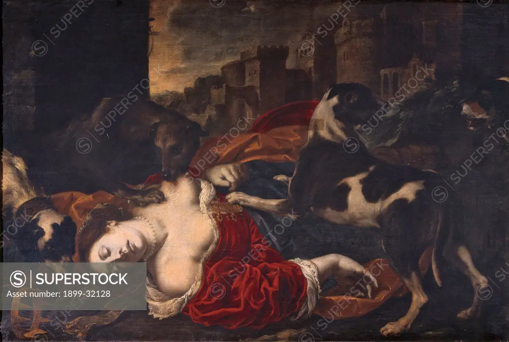 Queen Jezebel Torn by Dogs, by Florentine Artist, 17th Century, oil on canvas. Italy, Lazio, Rome, Castel Sant'Angelo National Museum. Whole artwork. Woman queen Jezebel body dogs crown breast dark: brown shades: tones: hues red white black semi-darkness background view landscape castle.
