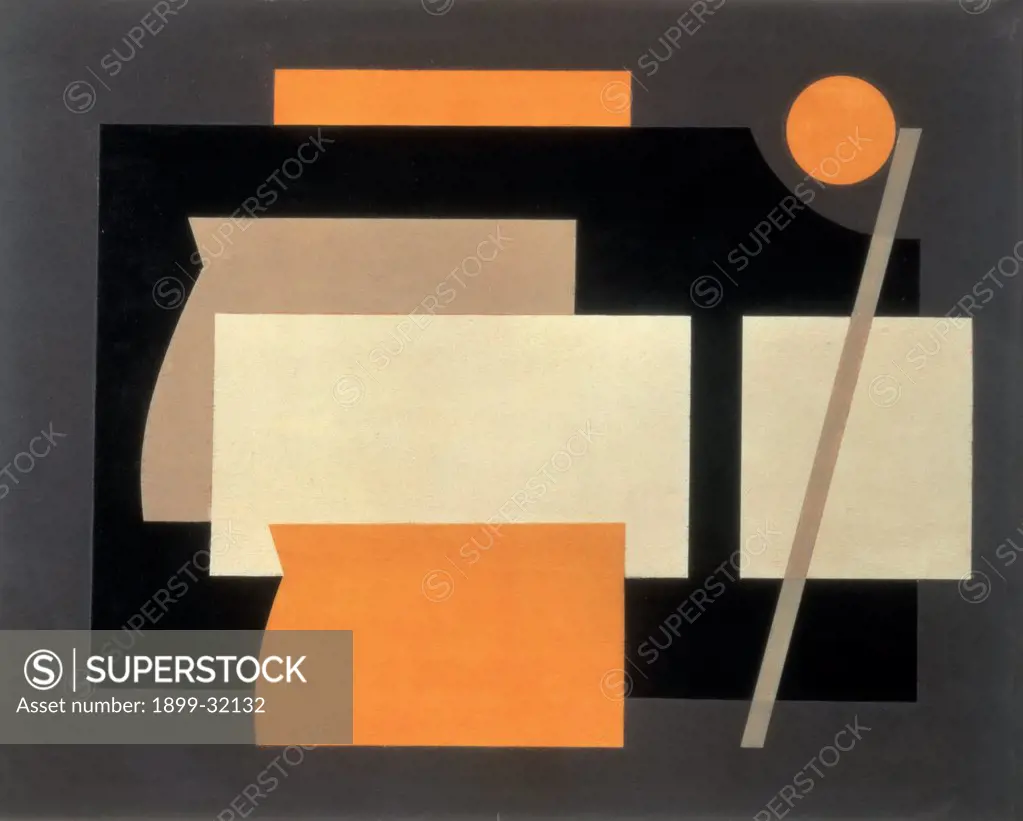 Composition, by Badiali Carla, 1937, 20th Century, oil on panel. Italy, Lombardy, Bergamo, Private collection. Whole artwork. Quadrilaterals circle rod black orange beige.