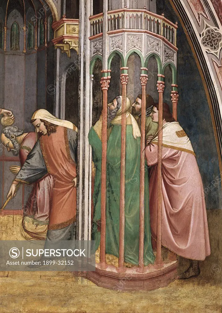 Episode No. 2 of the Stories of St James. Baptism of Hermogenes, by Avanzi Jacopo, 1372 - 1379, 14th Century, fresco. Italy, Veneto, Padua, St Anthony Basilica, San Giacomo Chapel, background wall, upper band, first lunette from the left. Detail of three figures of onlookers. bystanders on the right under a porch. portico. After restoration.