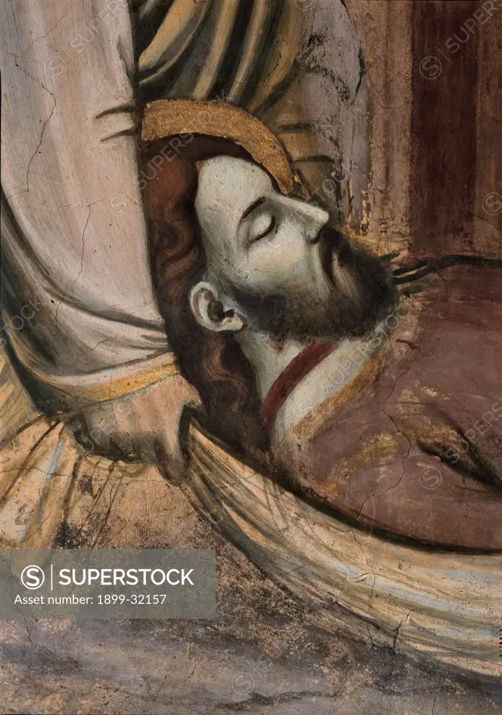 Stories of St James Episode no. 4 of The Body of St James is Carried to the Castle of Lupa, Spain, and the Burial of the Saint, by Avanzi Jacopo, 1372 - 1379, 14th Century, fresco. Italy, Veneto, Padua, Basilica del Santo, San Giacomo Chapel, bottom wall, upper order, right lunette. Episode No. 4 of the Stories of St James of arrival of the body of St James at Lupa Castle in Spain and burial of the saint. Detail of face of the saint. After restoration. Beard halo. aureole hand shroud.