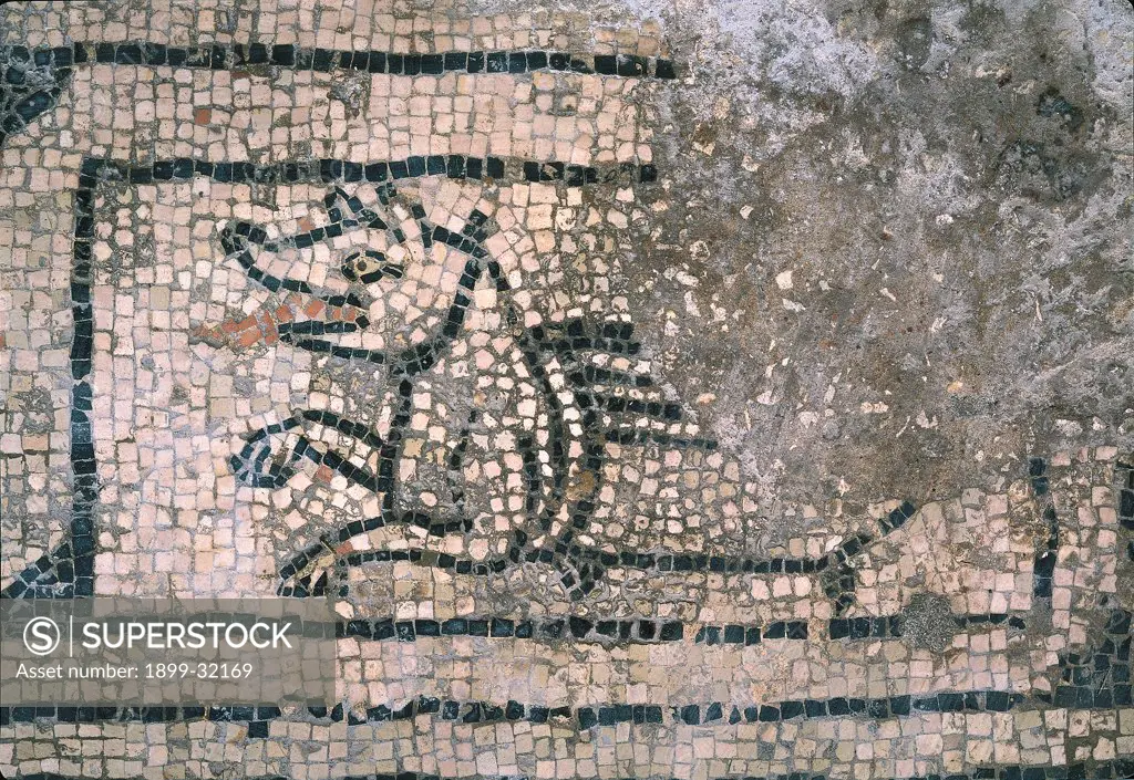 Dragon, by Unknown, 11th - 12th Century, mosaic. Italy, Lombardy, San Benedetto Po, Mantua, Polirone Abbey. Whole artwork. Animal dragon monster.