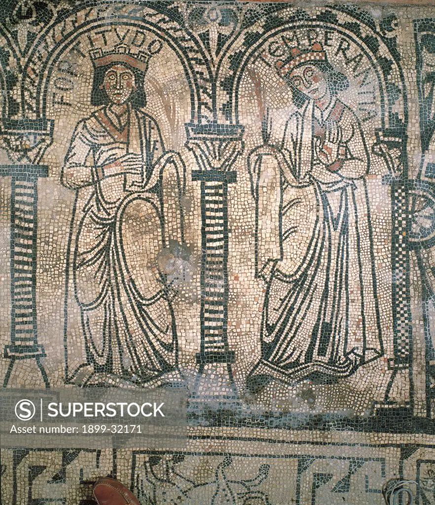 Two cardinal virtues, by Unknown, 11th - 12th Century, mosaic. Italy, Lombardy, San Benedetto Po, Mantua, Polirone Abbey. Detail. Fortitudo Temperantia personifications symbols allegories.