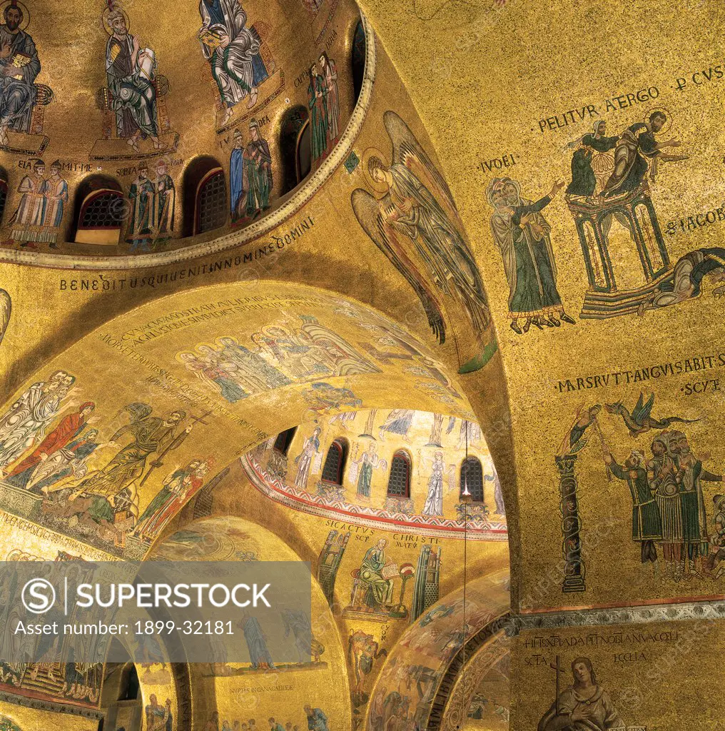 Dome of the Ascension, by Master of the Ascension, 12th Century, mosaic. Italy, Veneto, Venice, St Mark's Square, St Mark's Basilica, central nave, longitudinal wing, second dome of the apsidal conch. Foreshortened view of the arch with scenes from the Passion of the Christ and the dome vault with an Evangelist sitting at the writing desk portrayed in the squinch..