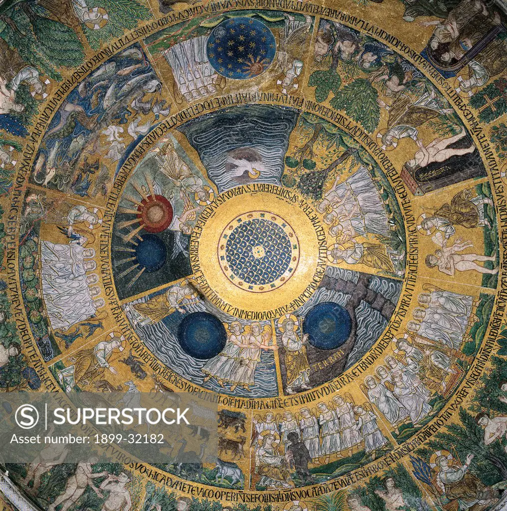 Cupola of the Creation or Genesis, by Unknown, 13th Century, mosaic. Italy, Veneto, Venice, St Mark's Basilica, West narthex. Zenithal view interior dome vault mosaic Genesis Creation gold.