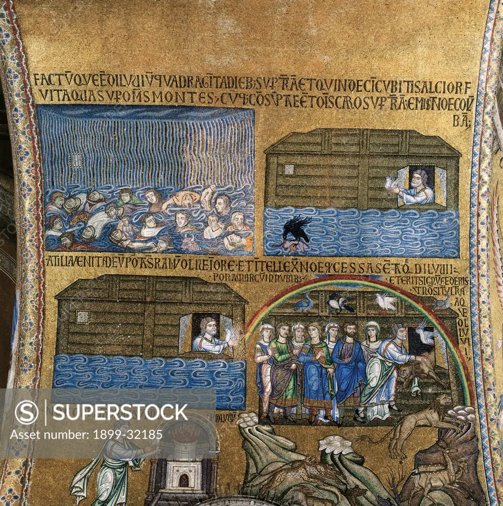 Cupola of the Creation, by Unknown, 12th Century, mosaic. Italy, Veneto, Venice, St Mark's Basilica, atrium, North vault. Detail of scenes the Deluge. the Flood, the crow and the dove and the rainbow..