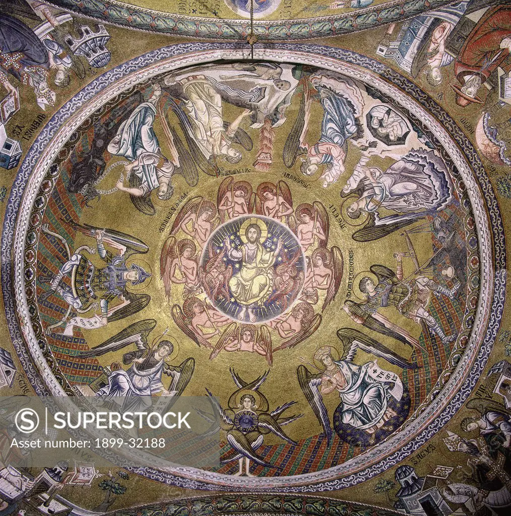 Cupola of St Mark's Basilica, by Unknown, 13th Century, mosaic. Italy, Veneto, Venice, St Mark's Basilica. All zenithal view interior dome vault Jesus Christ angels Cherubs Archangels.