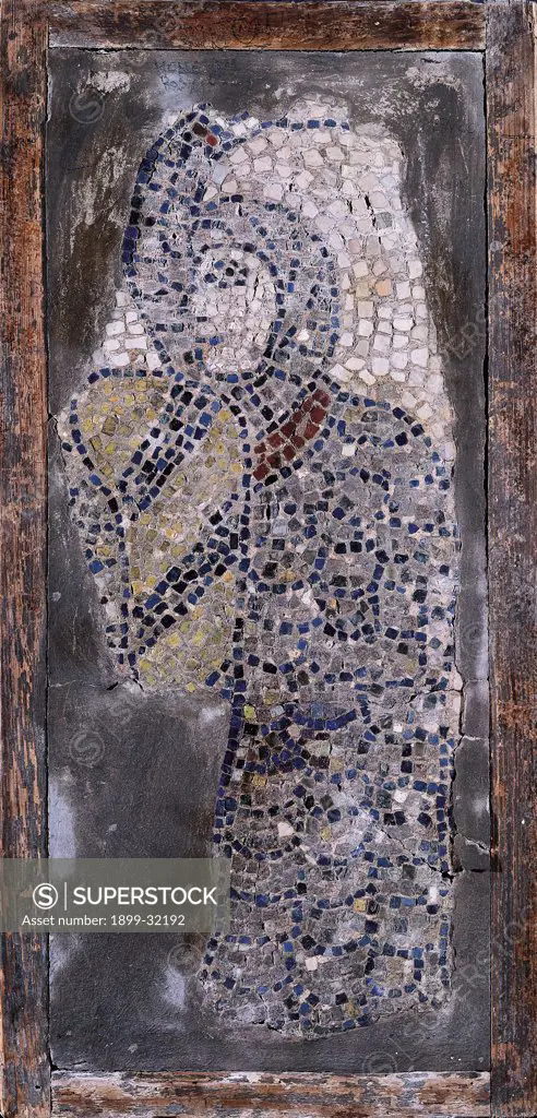 Soldier crusader, by Unknown, 13th Century, polychrome mosaic. Italy, Emilia Romagna, Ravenna, San Giovanni Evangelista Church. Detail. Fragment man soldier crusader tesserae white black yellow.