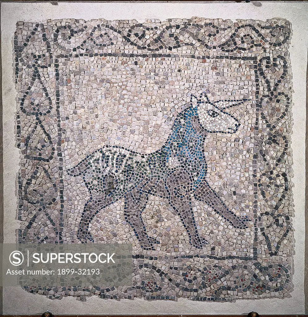 Unicorn, by Unknown, 13th Century, polychrome mosaic. Italy, Emilia Romagna, Ravenna, National Museum. Whole artwork. Panel frame frieze unicorn white black tesserae brown.