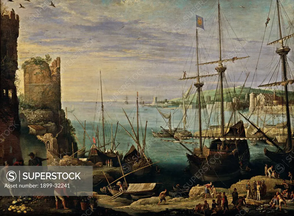 View of a Port, by Bril (Brill) Paul, 17th Century, oil on canvas. Italy, Tuscany, Florence, Palazzo Pitti, Palatine Gallery. Whole artwork. Scenery port: harbor ruins tower boats vessels sea sky small figures.