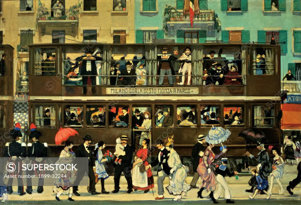 The Tram in Monza (Sunday), by Bonzagni Aroldo, 1916 - 1917, 20th Century, Unknow. Private Collection. Whole artwork. Facade buildings windows shutters balconies tram line sign destination passengers small figures men women citizens couple mothers sons Carabinieri mess dress stroll small umbrellas sunshades crinolines.