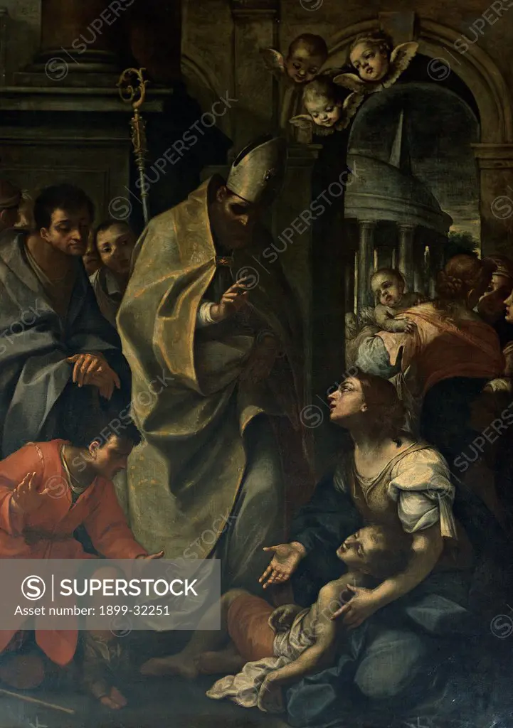 The Miracle of St Blaise, by Bartolini Luigi, 17th Century, oil on canvas. Italy, Emilia Romagna, Imola, Bologna, Santa Maria della Scaletta Hospital Chapel. Whole artwork. Miracle of St Blaise woman sick child pastoral: crosier staff mitre: miter little angels drapery: draping templet onlookers: bystanders columns.