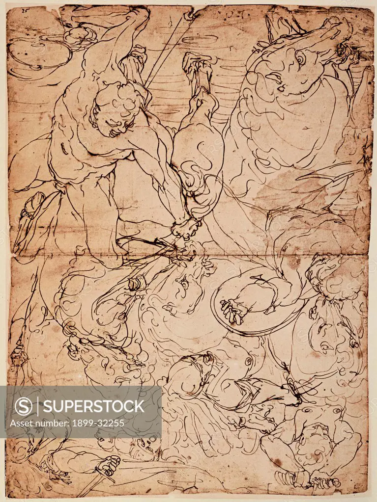 Nude Armed Men Fighting, by Cambiaso Luca, 16th Century, pen on paper. Italy, Liguria, Genoa, Private collection. Whole artwork. Drawing human figures anatomies battle: fight arms: weapons battle: engagement.