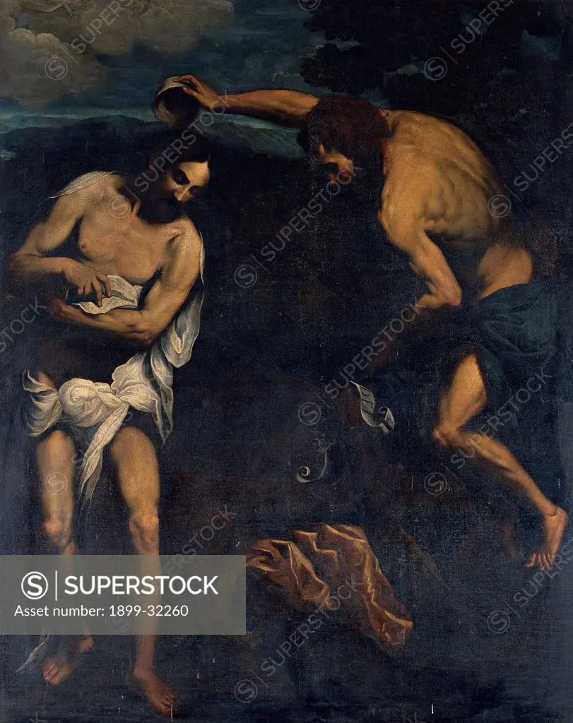 The Baptism of Christ, by copy from Bordon Paris, 16th Century, oil on canvas. Italy, Lombardy, Mortara, Pavia, San Lorenzo Cathedral. Whole artwork. Copy after Bordon Paris The Baptism of Christ John the Baptist drapery: draping light shadow.