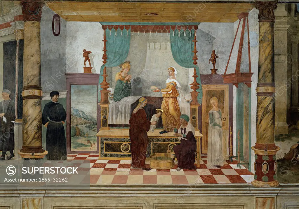 Birth of the Virgin, by Campagnola Giulio, probably Campagnola Giulio, 16th Century, fresco. Italy, Veneto, Padua, Scuola del Carmine. Whole artwork. Interior bed canopy woman in labor St Anne mother new-born child Mary Virgin servants midwife man father Joachim floor pictures door fireplace small statues columns overdoors view landscape.