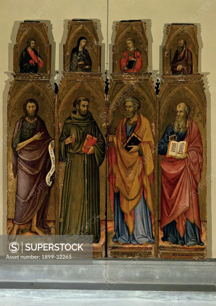 Polyptych with Four Saints, by Andrea di Bartolo, 15th Century, tempera on panel with gold ground. Italy, Tuscany, Siena, Osservanza Basilica. Whole artwork. St John the Baptist, St Francis, St Peter and St John the Evangelist. Polyptych saints holy books inscriptions scroll round arch drapery: draping habit: tunic.