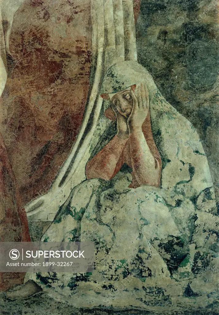 Crucifixion, by Andrea di Bartolo di Simone known as Andrea del Castagno, 1445 - 1450, 15th Century, fresco torn down and repositioned in situ. Italy, Tuscany, Florence, former St Apollonia Convent. Detail. Grieved figure crouched on the right woman crying veil hands on the visage.