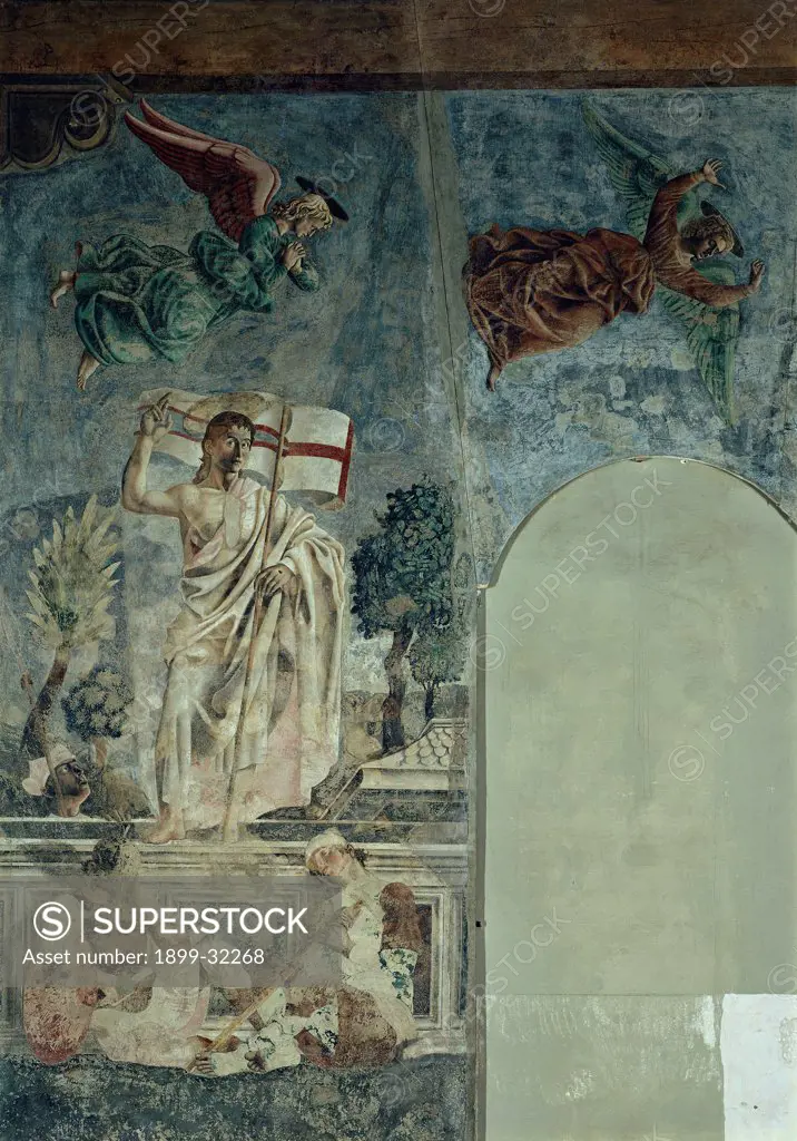 Resurrection and Angels Flying, by Andrea di Bartolo di Simone known as Andrea del Castagno, 1445 - 1450, 15th Century, fresco torn down and repositioned in situ. Italy, Tuscany, Florence, former St Apollonia Convent. Detail. The risen Christ flag with the cross sarcophagus sleeping soldiers angels azure: light blue angels in the upper part of the fresco.