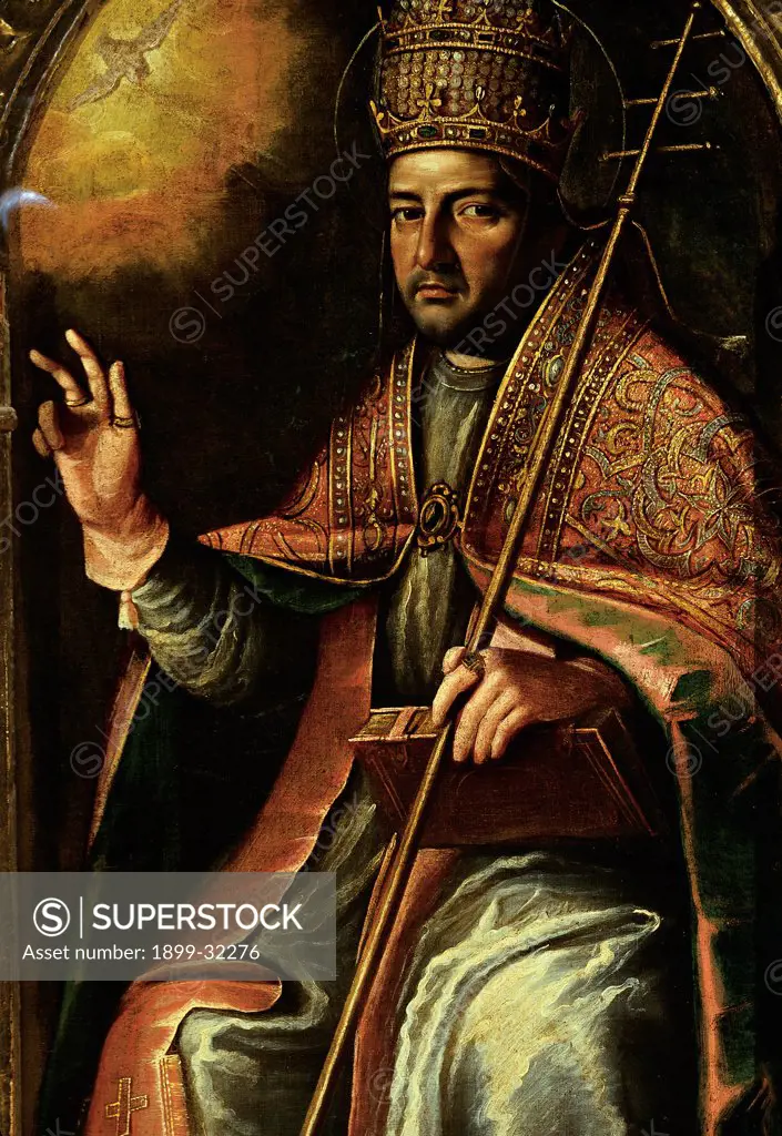 Pope St Gregory, by Cecere Scipione, 18th Century, oil on canvas. Italy, Molise, Campobasso, Sant'Antonio Abate Church. Detail. Altar of the Virgin. Pope Gregory St Gregory pastoral: crosier staff mitre: miter holy book liturgical vestments dove of the Holy Spirit: Holy Ghost rays of light.