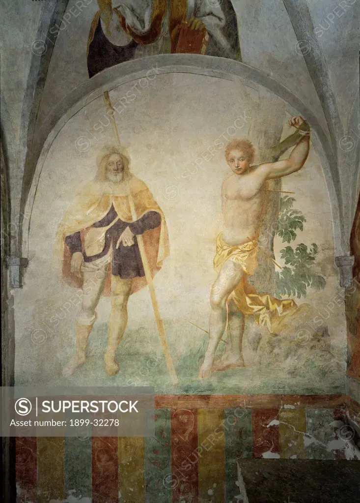 Sts Roch and Sebastian, by Bordon Paris, 16th Century, fresco. Italy, Veneto, Trichiana Pialdier, Belluno, Santa Croce Oratory. Whole artwork. Sts Roch and Sebastian trunk arrows leafy branches drapery: draping socks mantle: cloak stick wall decoration with vertical stripes yellow green red violet: purple.