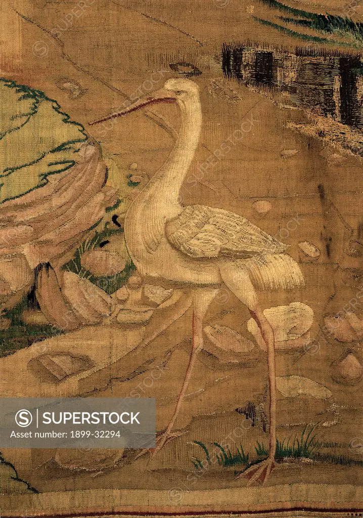 Sermon to Herod and imprisonment of St John the Baptist, by Unknown, 1550, 16th Century, Unknow. Italy, Lombardy, Monza, Brianza, Cathedral. Detail. Bird stork rocks stones white green.