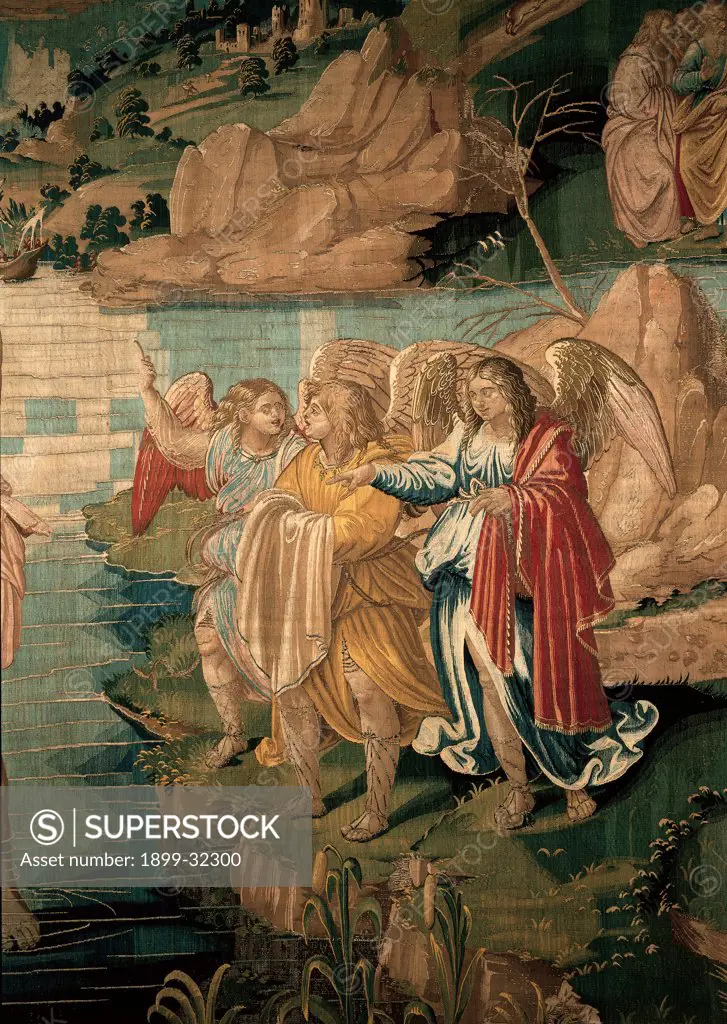 Christening of Jesus Christ, by probably Antonio Maria da Bozolo, 1555, 16th Century, Unknow. Italy, Lombardy, Monza, Brianza, Cathedral. Detail. Angels river water rocks.