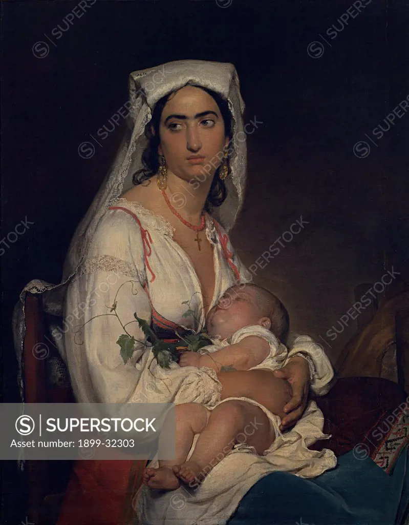 Woman from Ciociaria with putto (Mother from Ciociaria), by Lehmann Rudolf, 19th Century, oil on canvas. Italy, Lombardy, Milan, Brera Art Gallery. Whole artwork. Young woman from Ciociaria mother child headwear: headdress lace infant shirt necklace.
