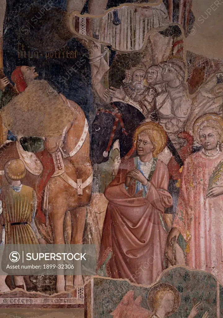 Crucifixion, by Alberti da Ferrara Antonio, 1420 - 1442, 15th Century, fresco. Italy, Umbria, Citta di Castello, Perugia, San Domenico Church. Detail. Horse and saint figure. Crucifixion.